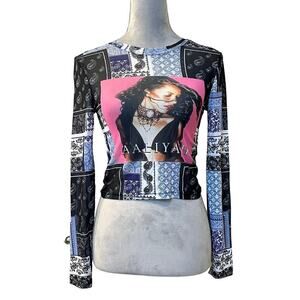 Aaliyah One in A Million Cropped Top LS Black Sheer Y2K 90s Gothic Stretch